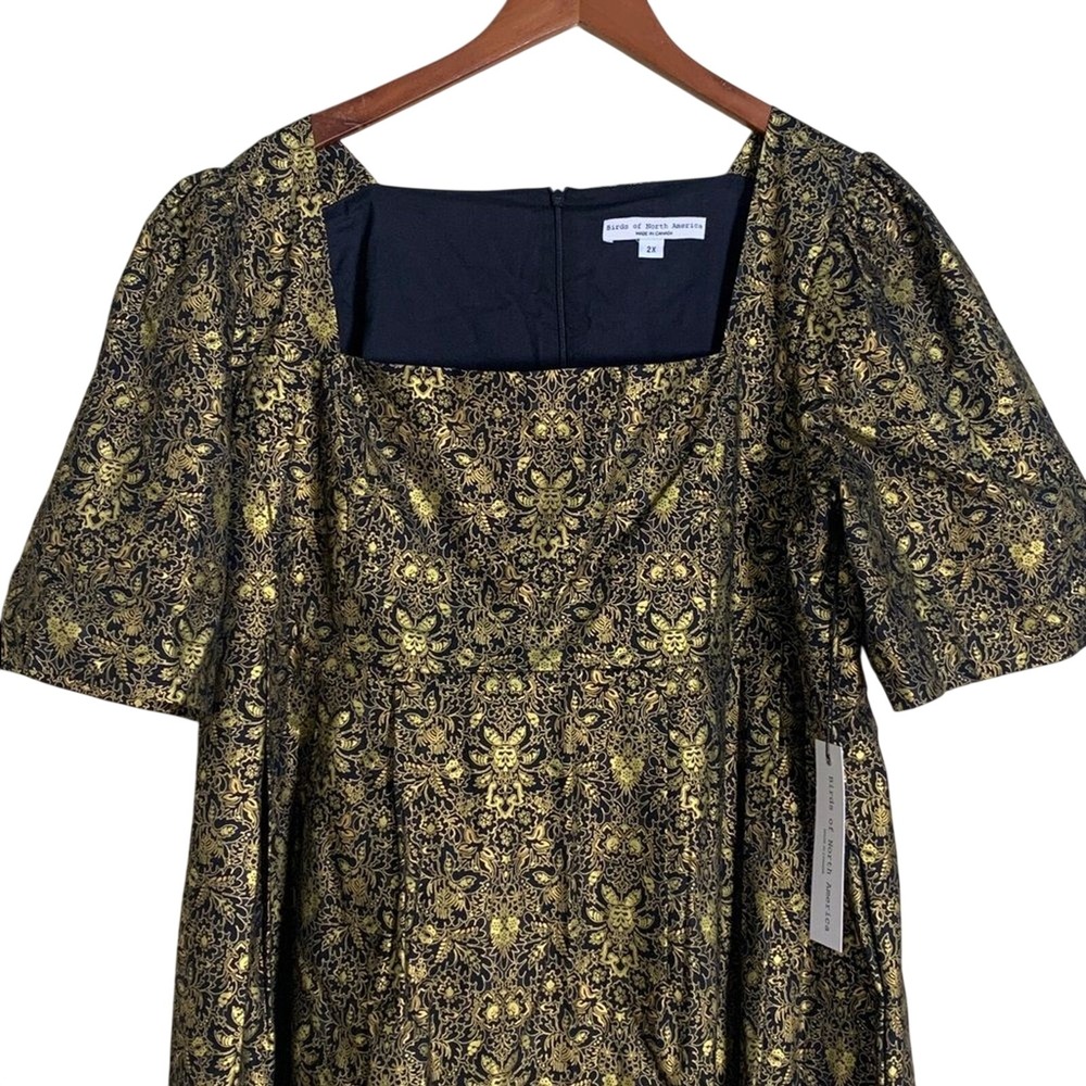 Birds of North America Midi Dress Womens 2X Gold Black Brocade Puff Sleeve New - Picture 6 of 11